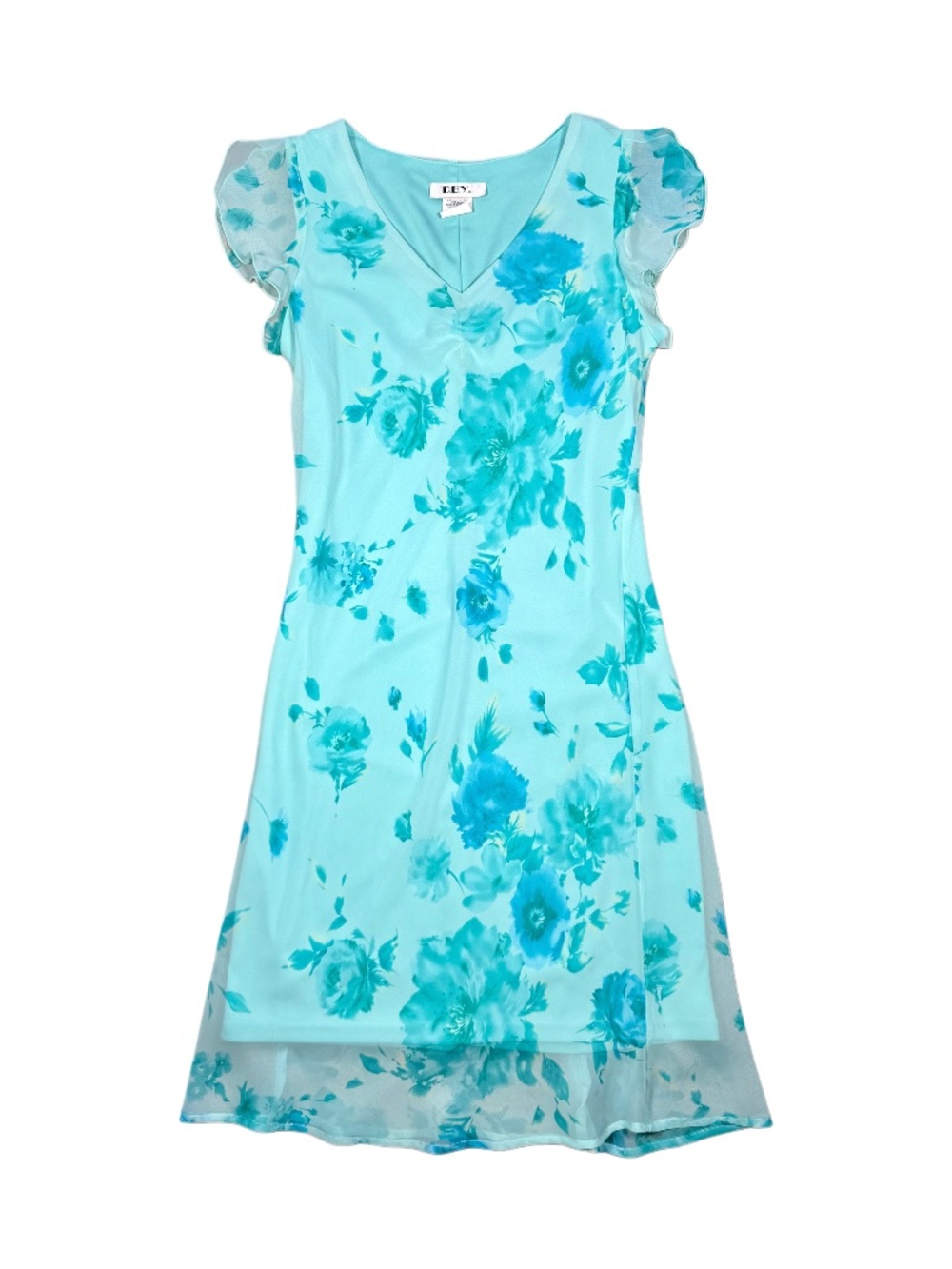 90s Vintage Easter Springtime Bright Blue Floral Midi Dress With Ruffle Sleeves